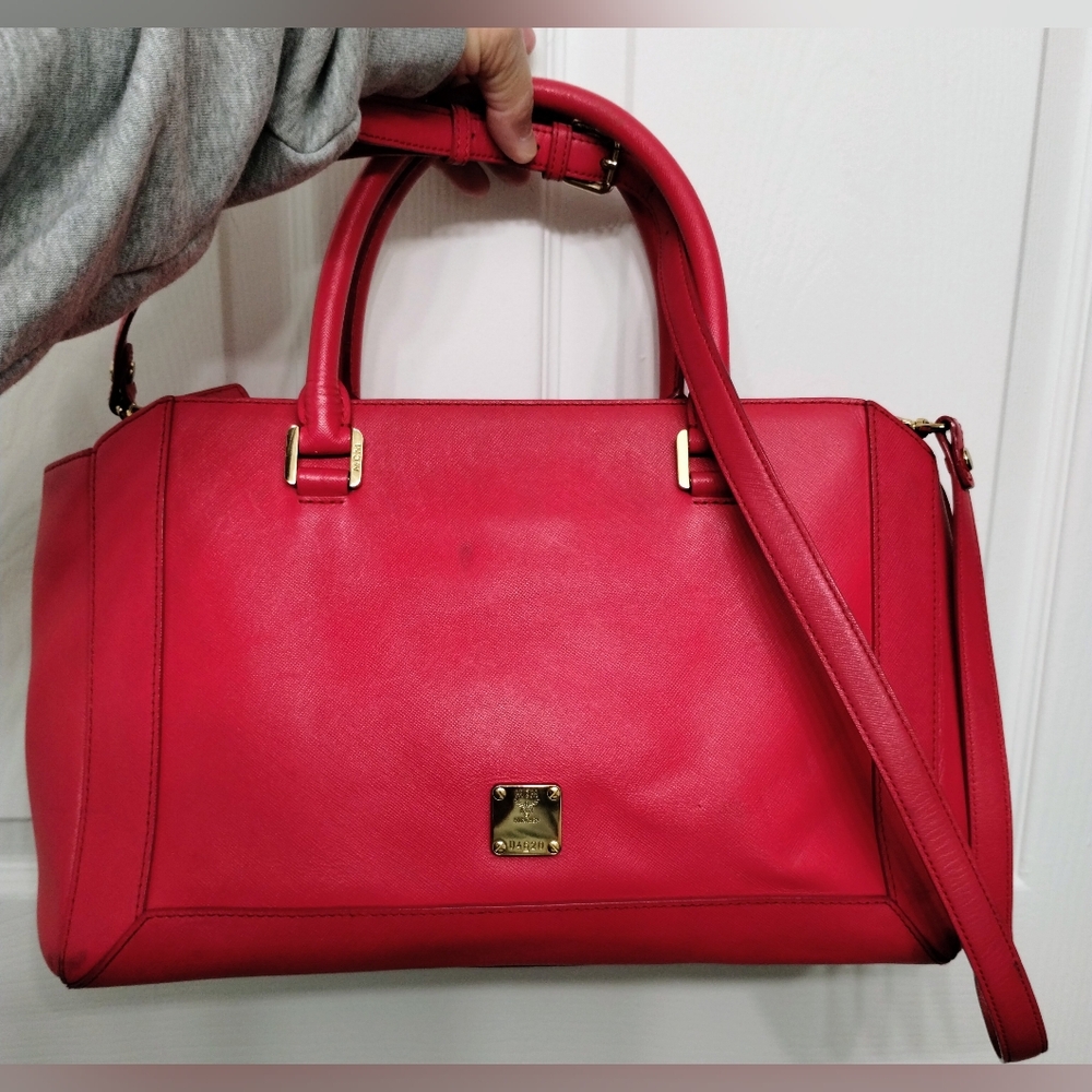 MCM Pink Saffiano Leather Satchel with Gold Plaque